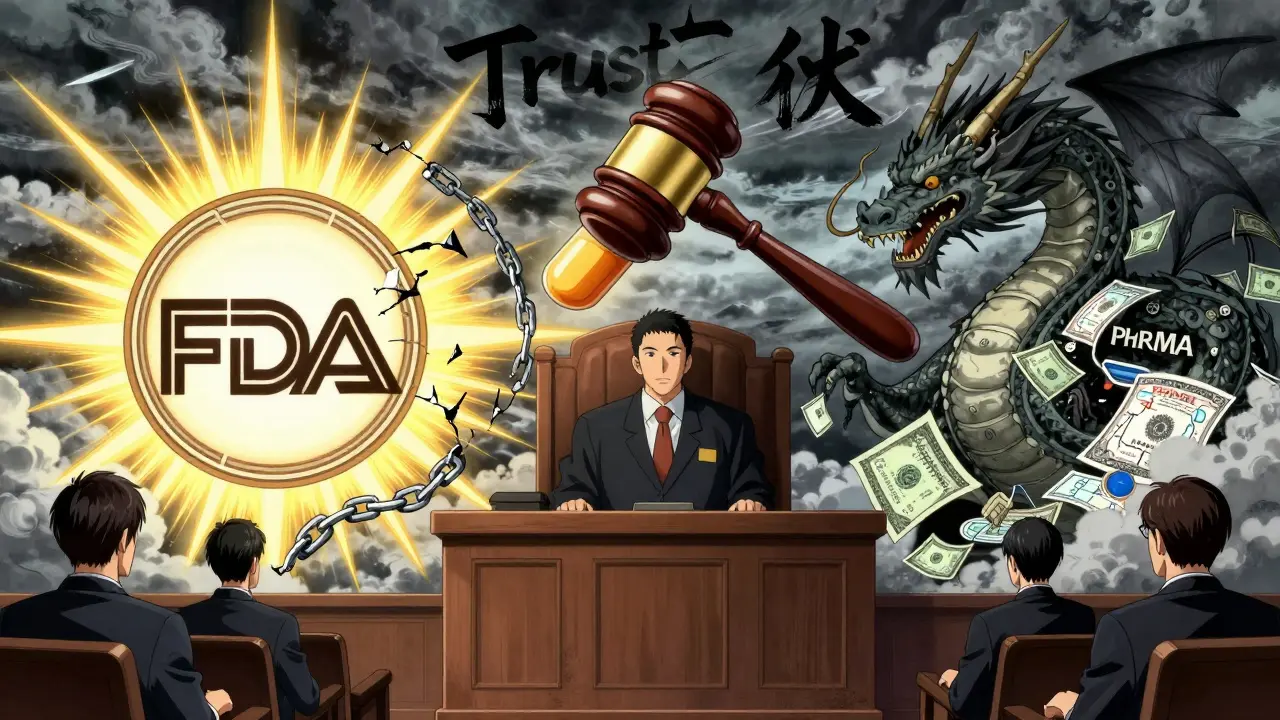Courtroom with pill-shaped gavel, FDA emblem vs. PhRMA dragon, stormy sky with swirling kanji.