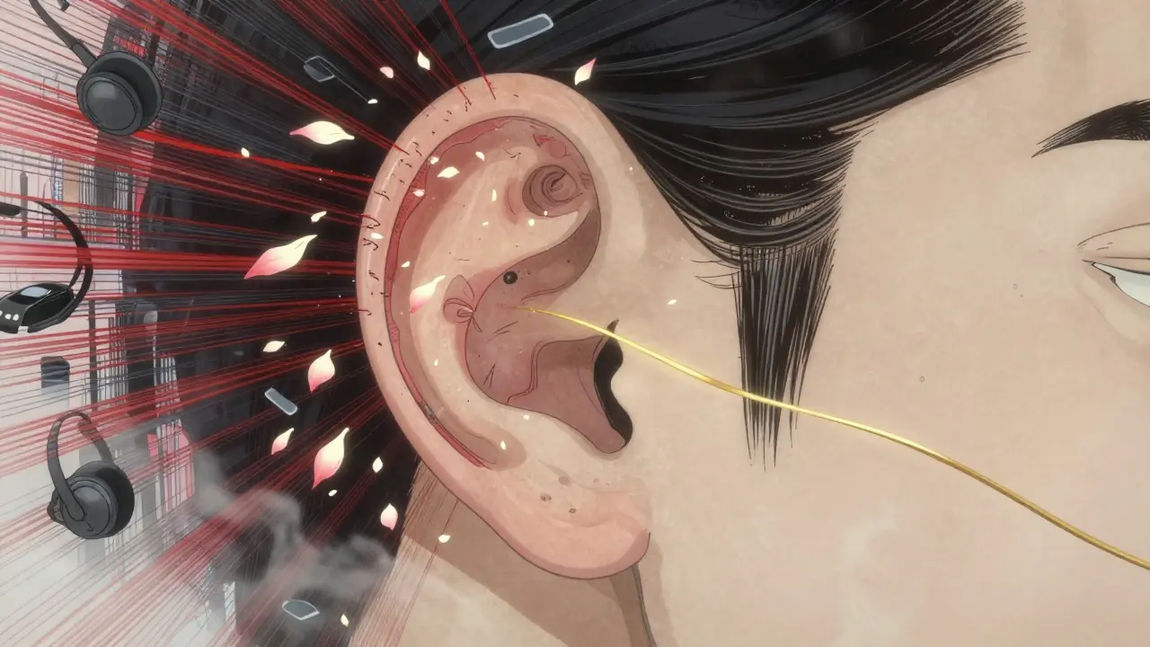 Cross-section of inner ear with crumbling hair cells and noise waves crashing.