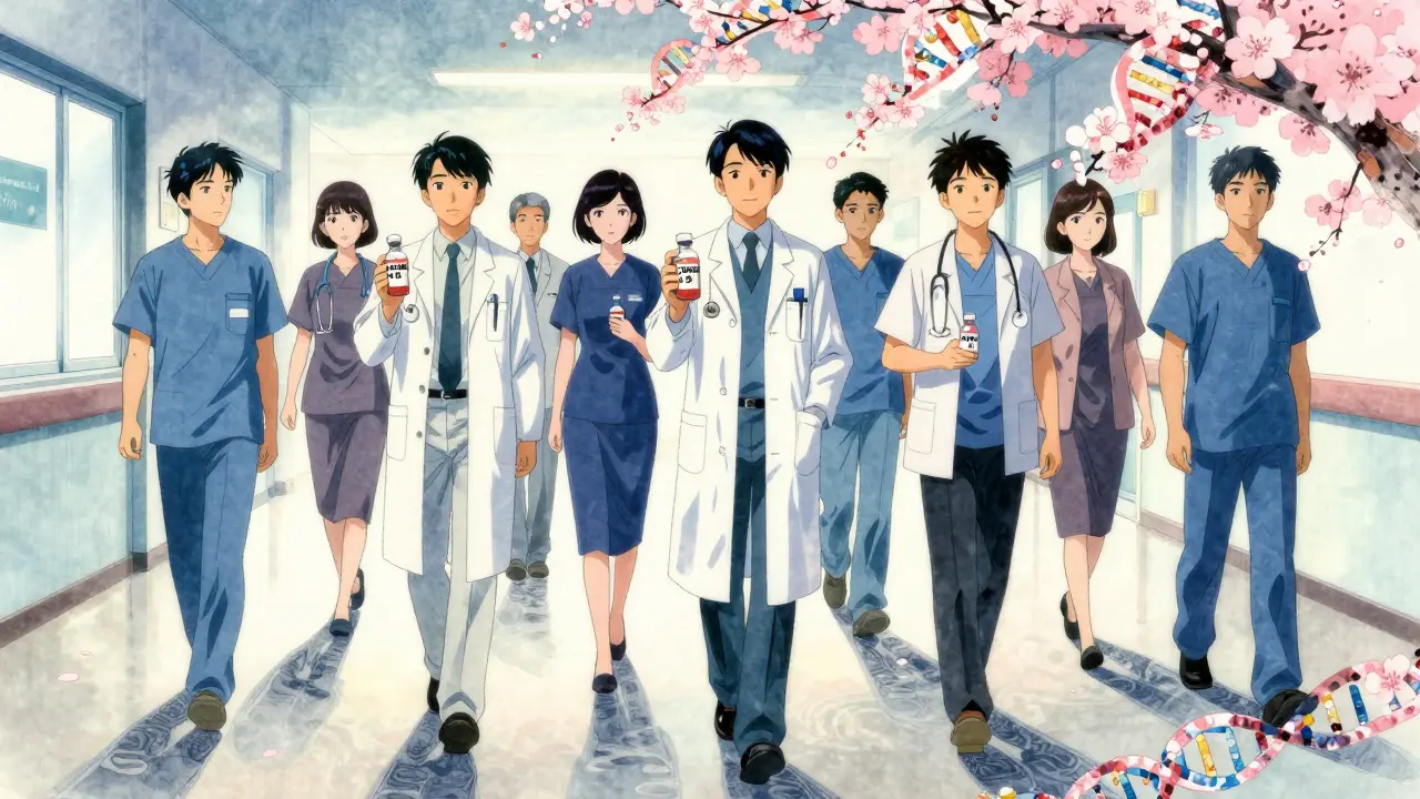 Diverse patients walking through a hospital corridor, holding biosimilar vials, their shadows forming a blossom-filled DNA river.