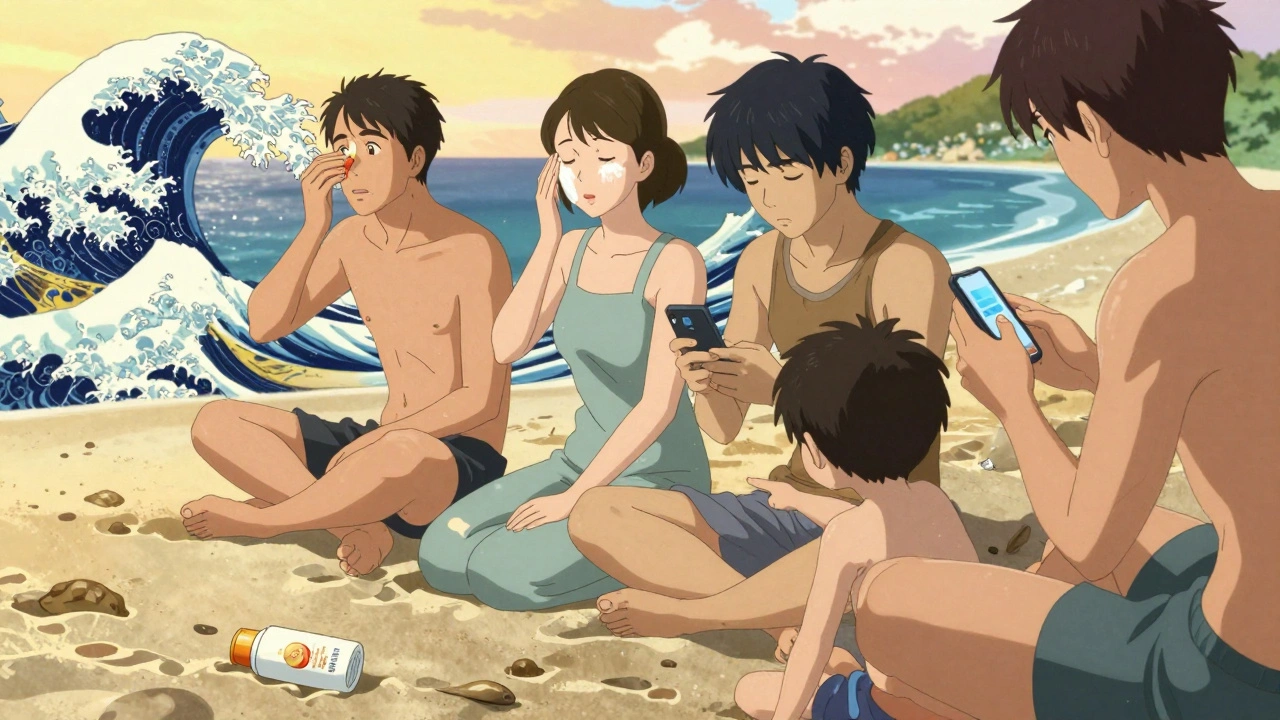 Diverse people reapplying sunscreen at the beach with reapplication tools and an expired bottle in sand.