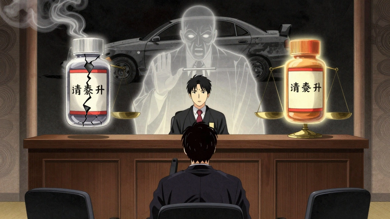 Driver in courtroom with crash specter behind, antihistamine bottles floating above as glowing symbols.