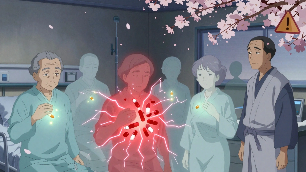 Elderly patients with glowing pills, serotonin surges causing neural lightning in a hospital ward.