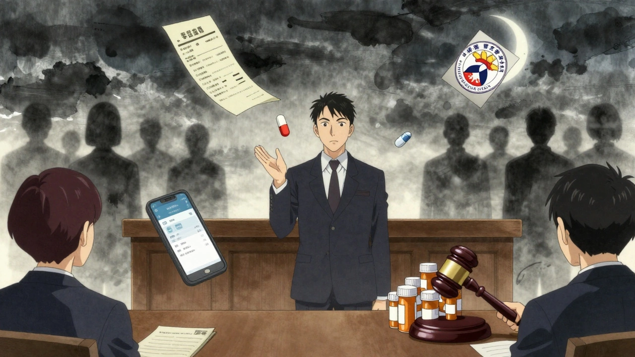 Floating pill surrounded by evidence and legal symbols, shadowy patients in background under moonlit ink wash.