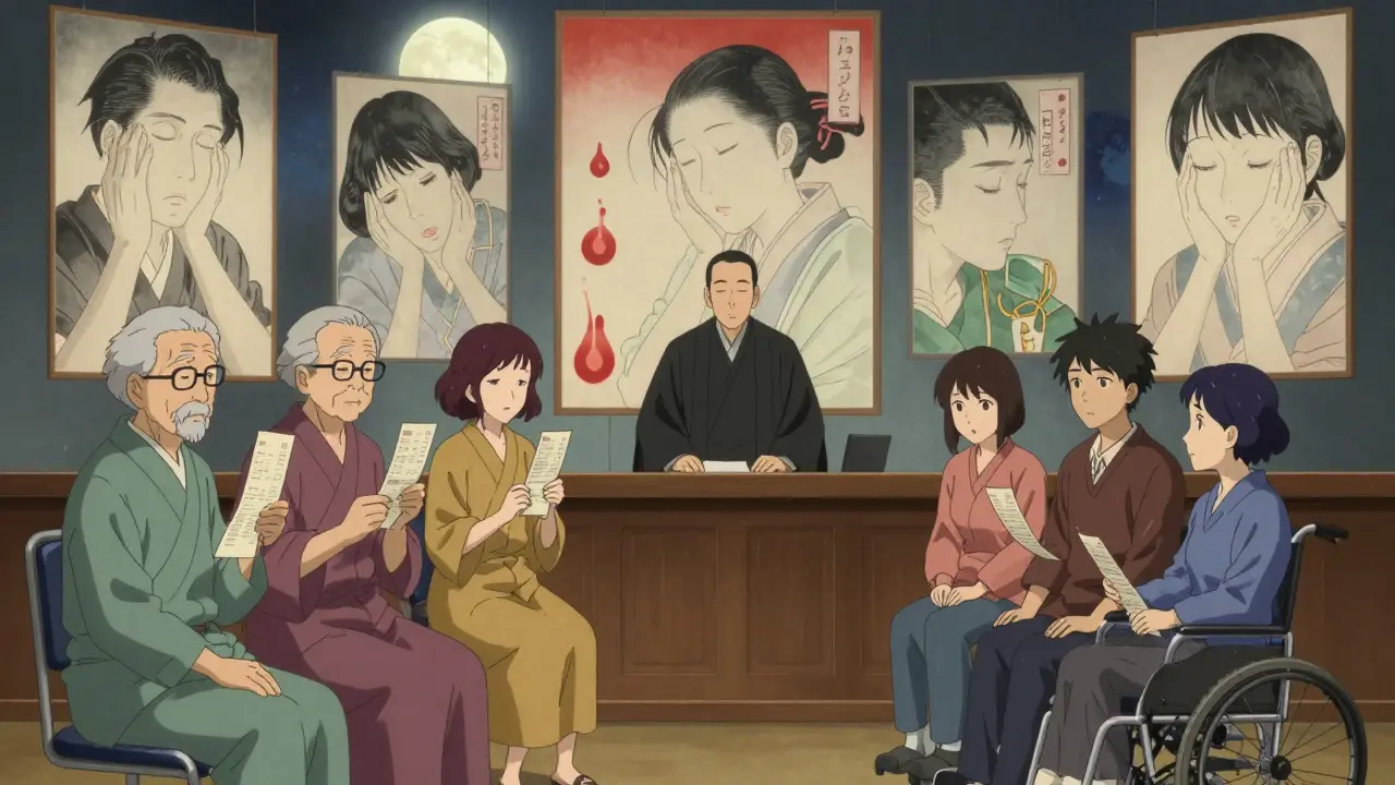 Group of patients holding prescriptions in courtroom, floating Ukiyo-e panels showing health impacts behind them.