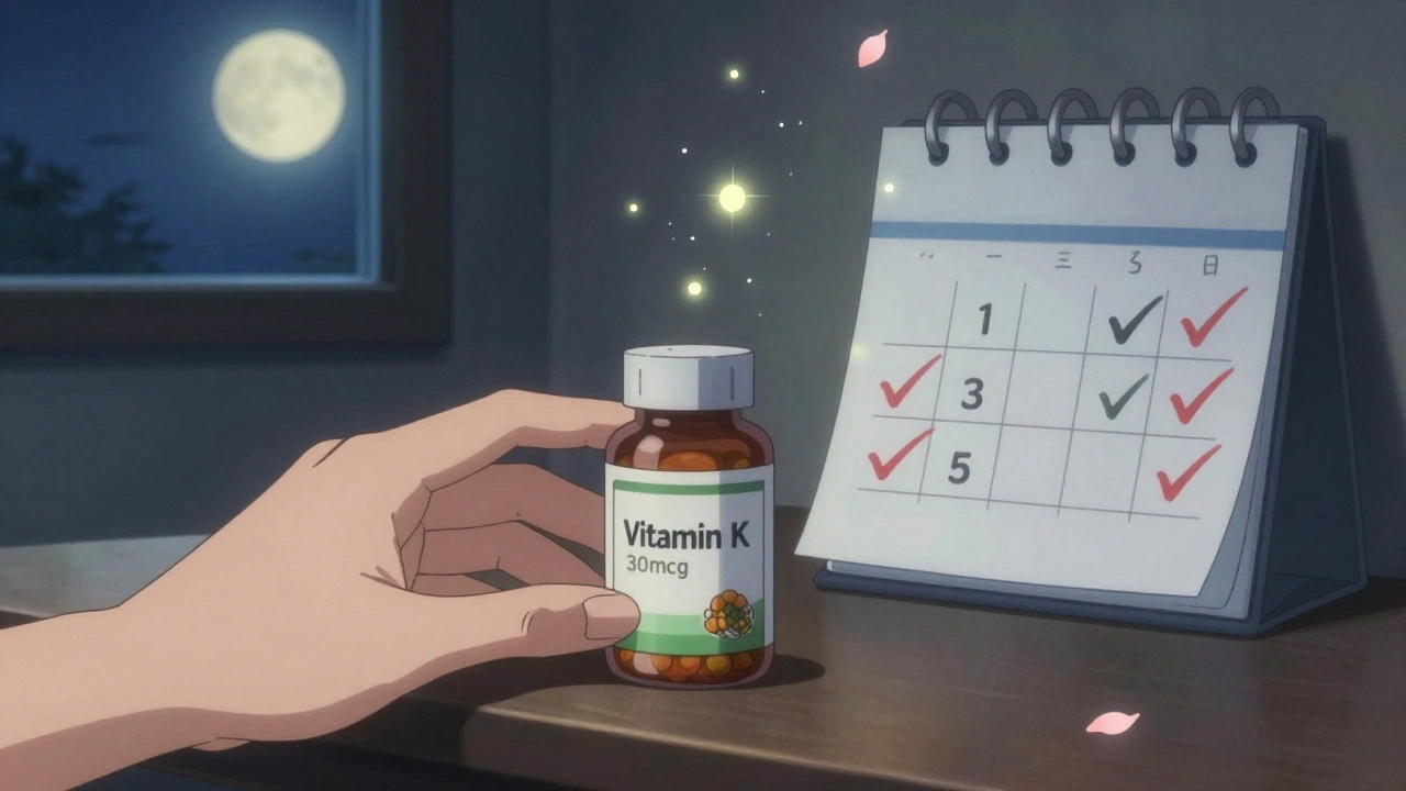 Hand placing vitamin K supplement beside previous day&#039;s bottle with calendar checkmarks