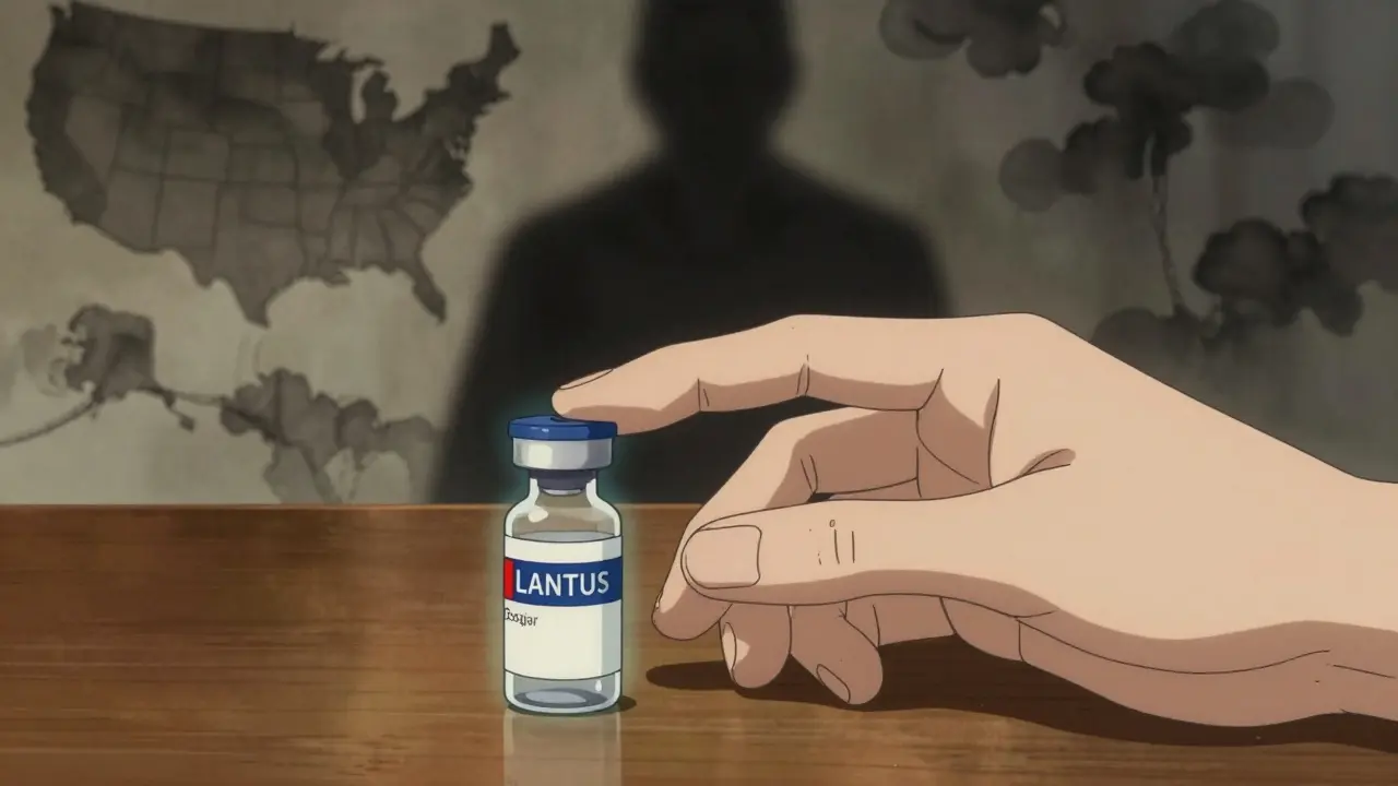 Insulin vials side by side, brand-name glowing softly, generic alternative dim, shadowy algorithm in background.