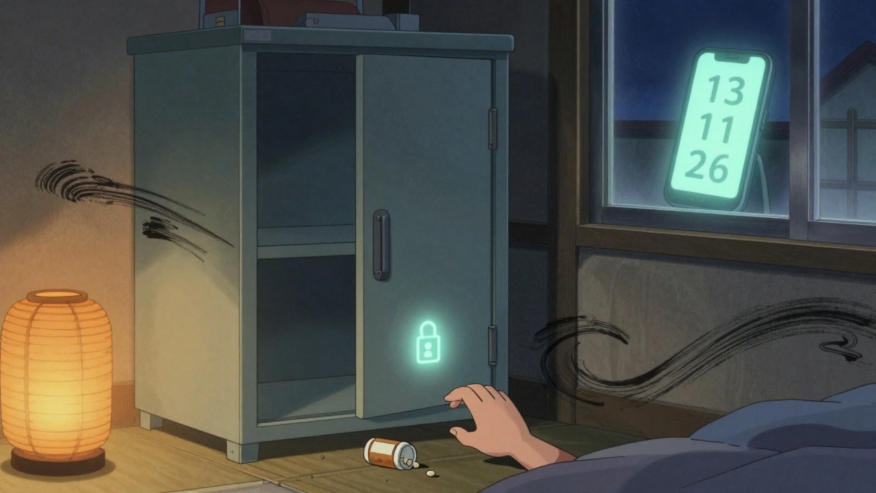 Locked medicine cabinet in child’s room, glowing phone showing Poison Control number, fallen pill bottle nearby.