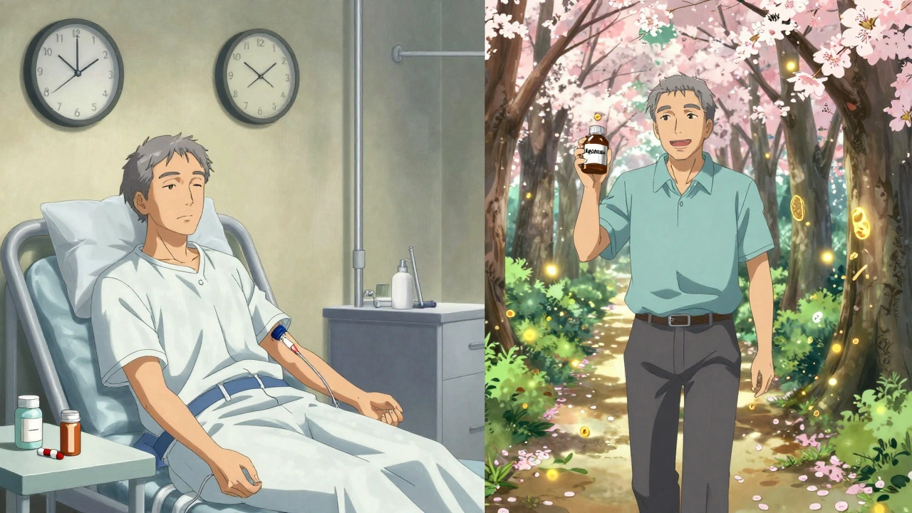 Man transitioning from stressful blood tests to peaceful outdoor walk with apixaban pill and glowing blood cells.