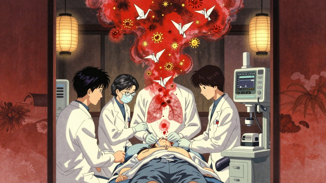 Medical team performing lung lavage as viral particles rise like origami cranes in ink-wash anime scene.
