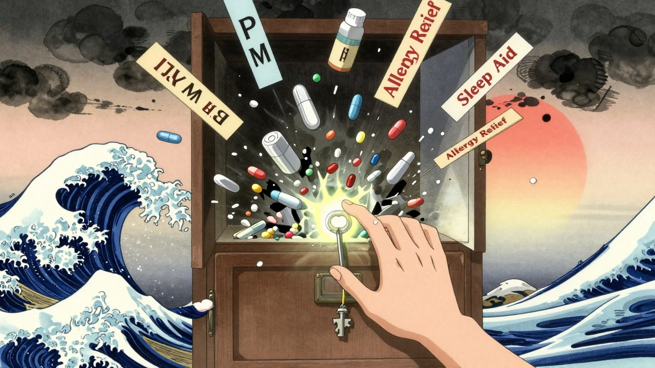 Medicine cabinet exploding with pills, hand locking it shut as dawn light breaks through ink waves.