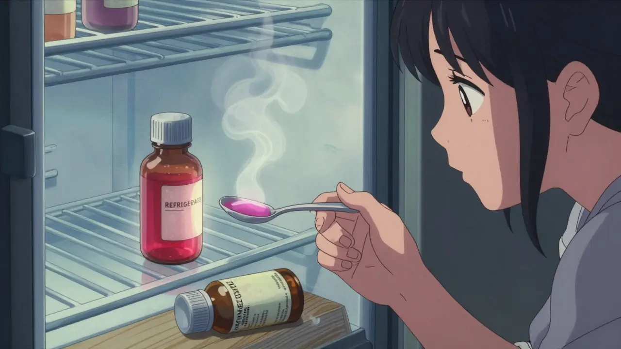 Mother and child with compounded liquid medication in a refrigerator, glowing label indicating refrigeration required.