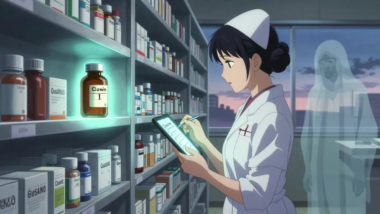 Nurse scanning a recalled medication in a pharmacy, with a ghostly patient watching from behind glass.
