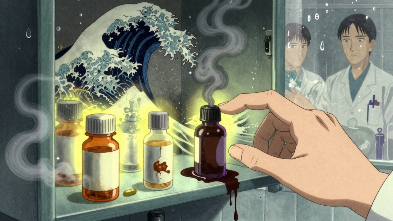 Open medicine cabinet in a humid bathroom with discolored pills and leaking liquid, ukiyo-e wave patterns suggesting danger.