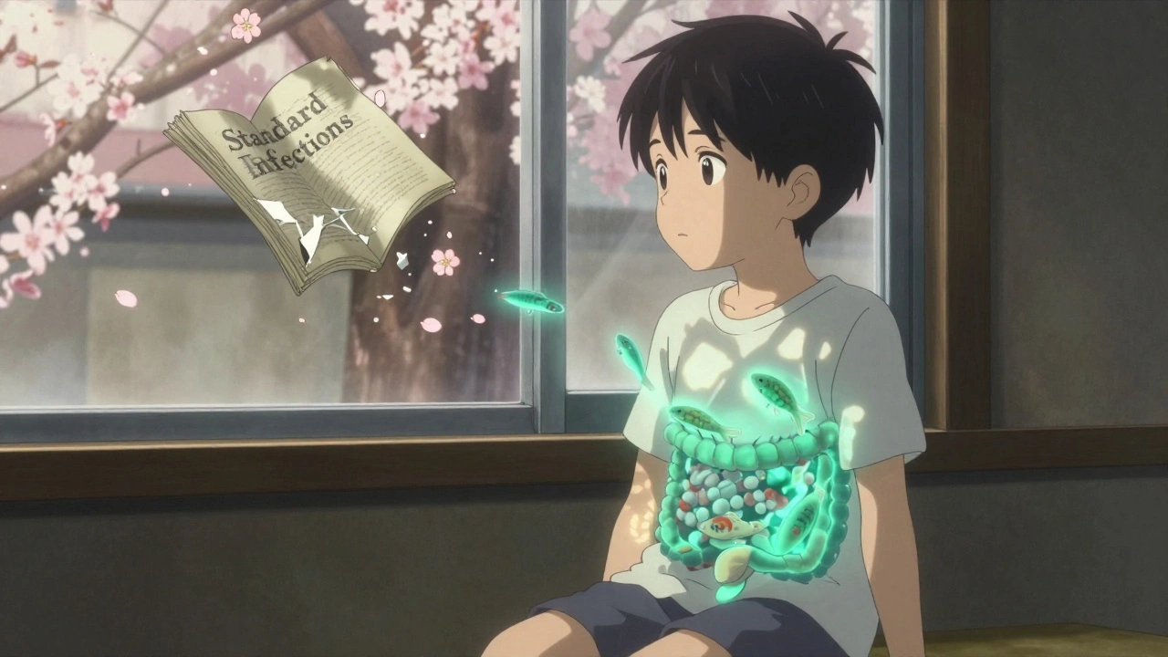 Parasitic Giardia swirling in intestines of a child, shown with glowing koi-like forms in soft anime style.