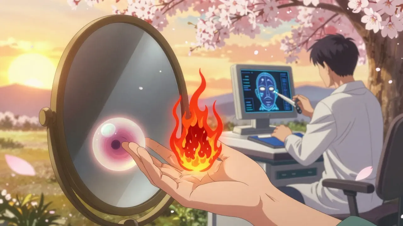 Patient examining hand with spectral BCC and SCC forms hovering, under sakura petals and sunlight.