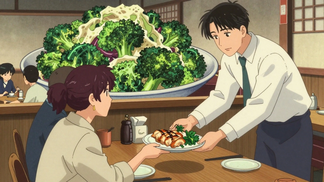 Patient requesting no extra greens at a restaurant while a large salad looms in background