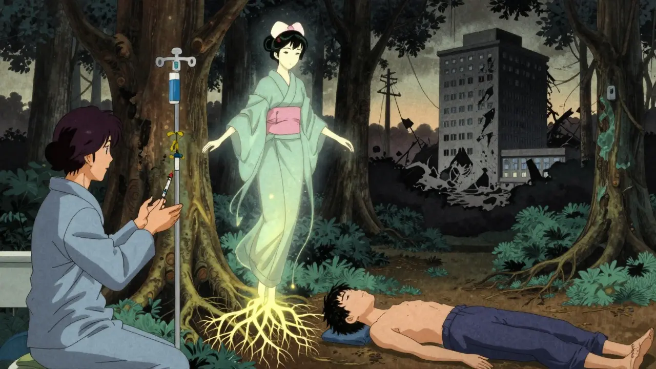 Patient self-administering an injection in a forest clearing, with a nurse spirit and crumbling hospital tower in background.