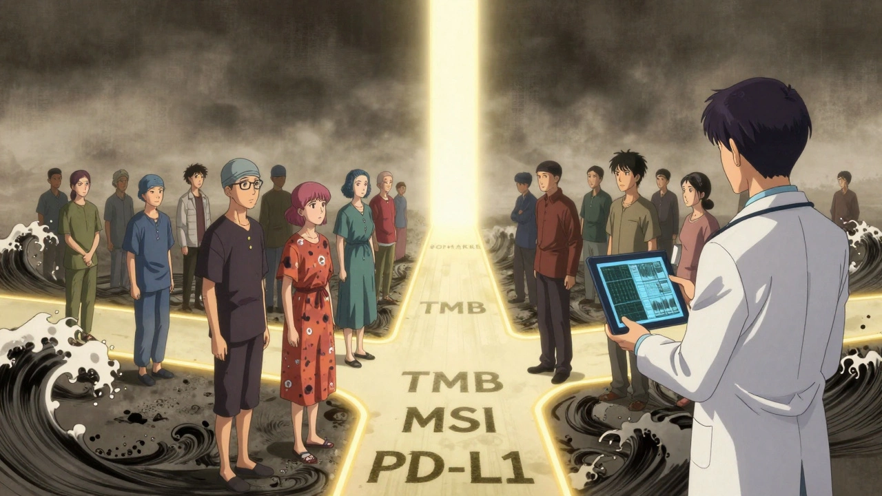 Patients at a crossroads of glowing biomarker pathways, a doctor holding a genomic data tablet nearby.