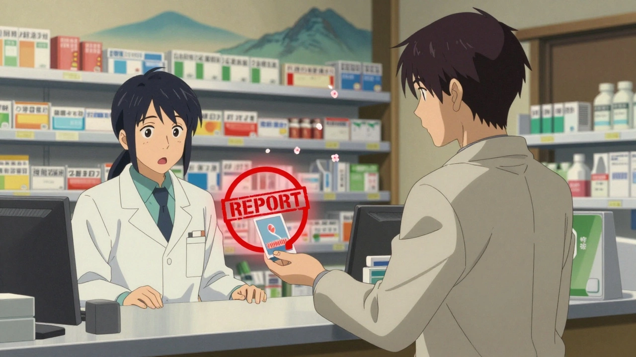 Person giving photo of wrong medication to pharmacist in pharmacy, glowing warning seal above counter.