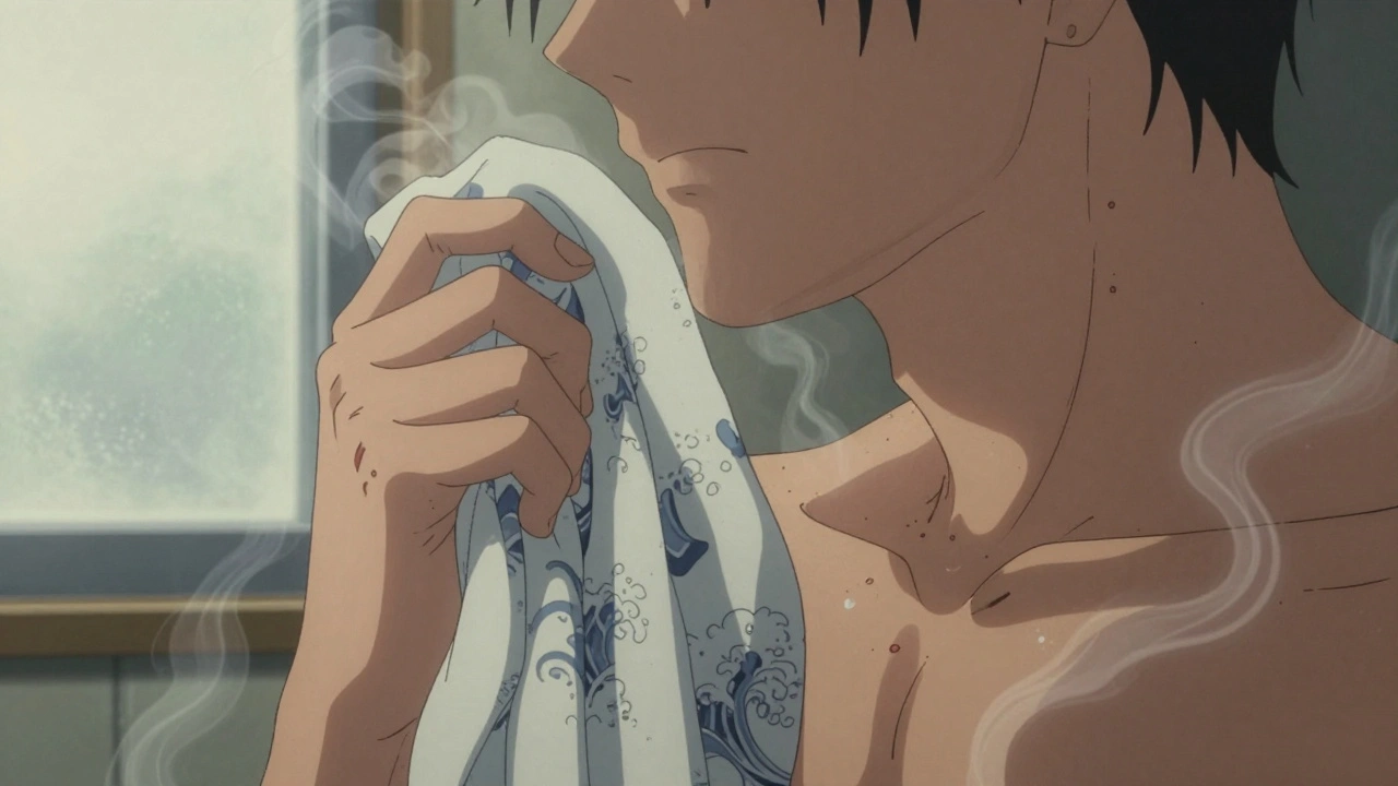 Person using cooling towel after shower, small hives visible on neck, steam rising, ukiyo-e wave patterns swirling nearby.