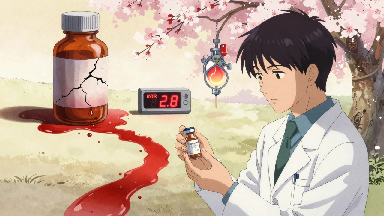 Pharmacist giving safe nitrofurantoin, cracked warfarin bottle leaking red droplets forming safe path to stable INR meter.