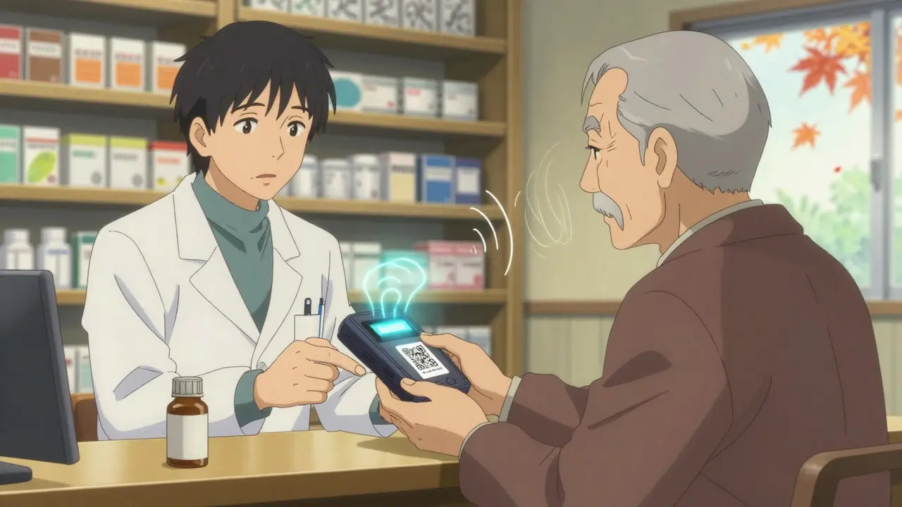 Pharmacist handing a voice-enabled reader to an older man beside a glowing QR code label.