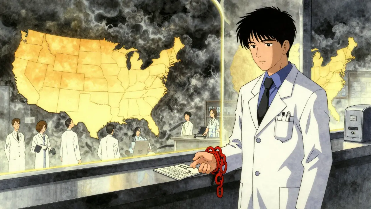 Pharmacist in Alabama restrained by chains while other states practice freely in anime style