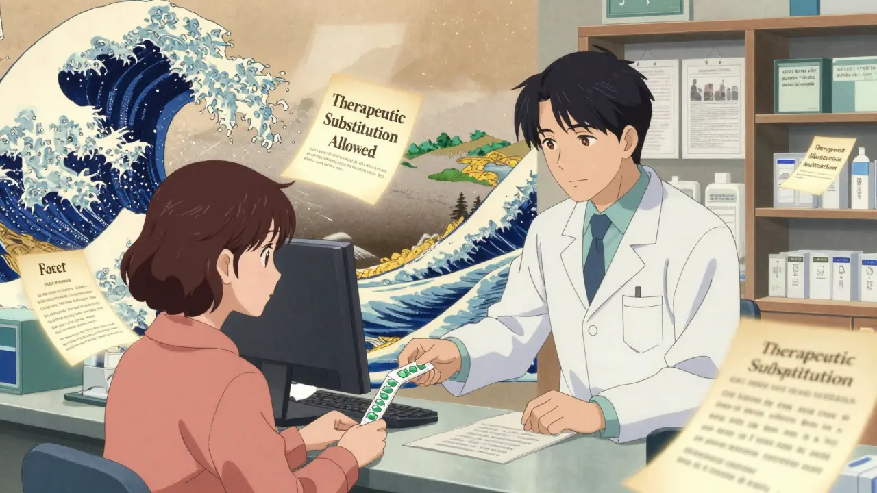 Pharmacist in Colorado prescribing birth control amid state law scrolls and traditional art