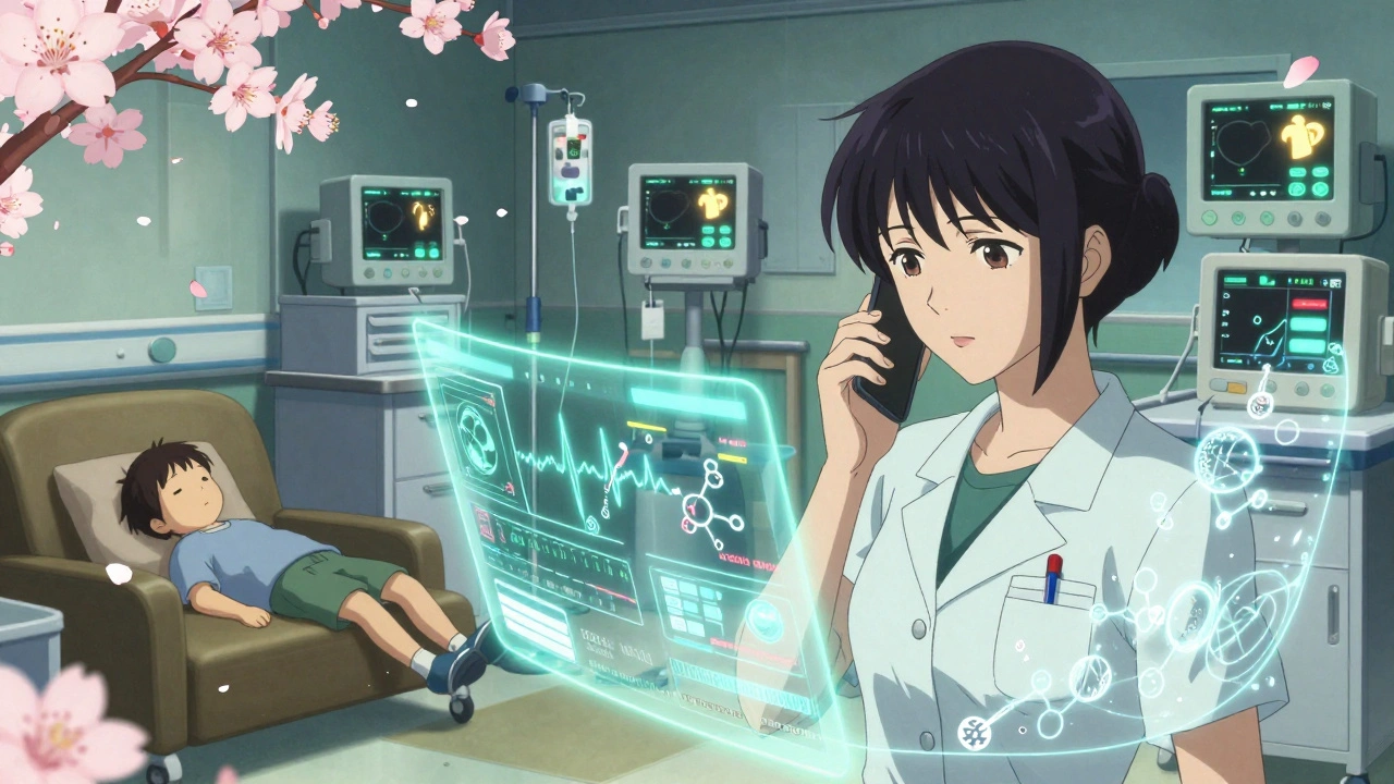 Poison control operator on phone with animated dosage data and ECG waves, hospital scene in background.
