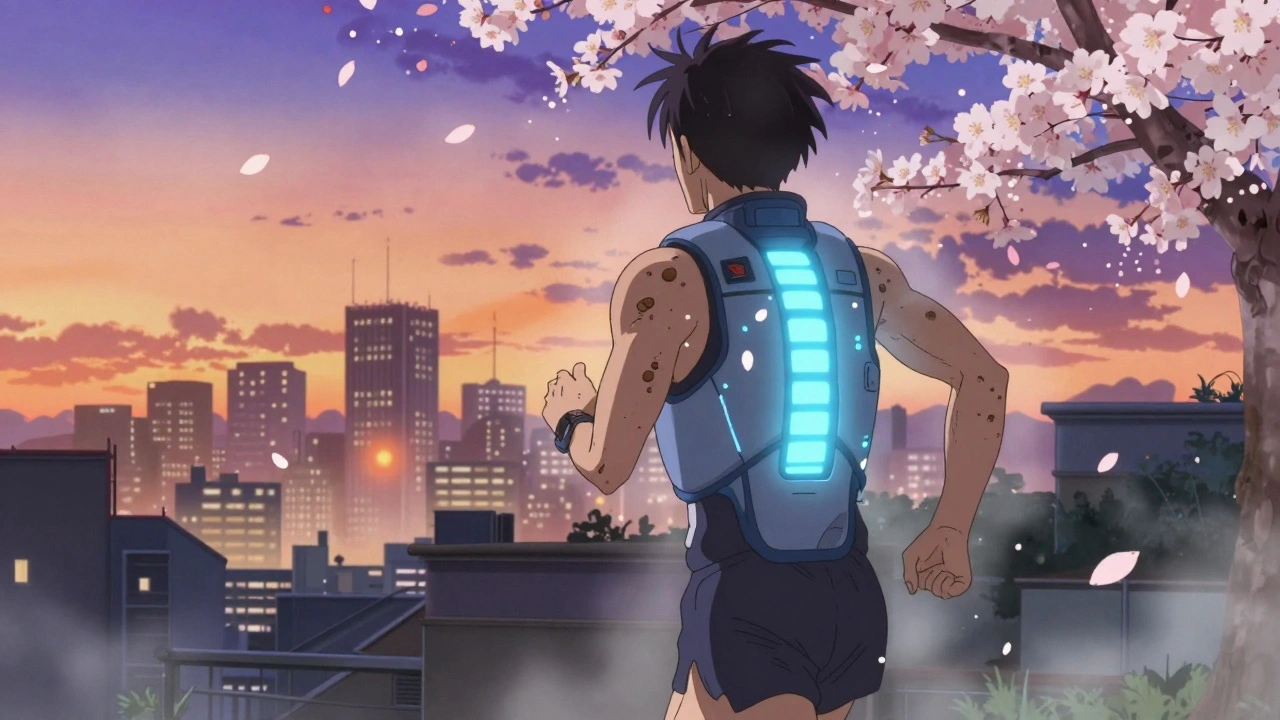 Runner wearing glowing cooling vest at dusk, hives fading as mist surrounds them, cherry blossoms fall against heat-hazed city.