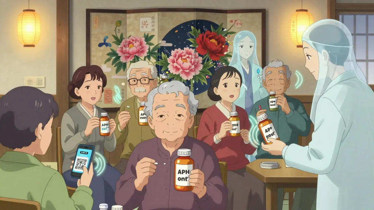 Seniors in a community center using large print labels and audio tools under warm lantern light.