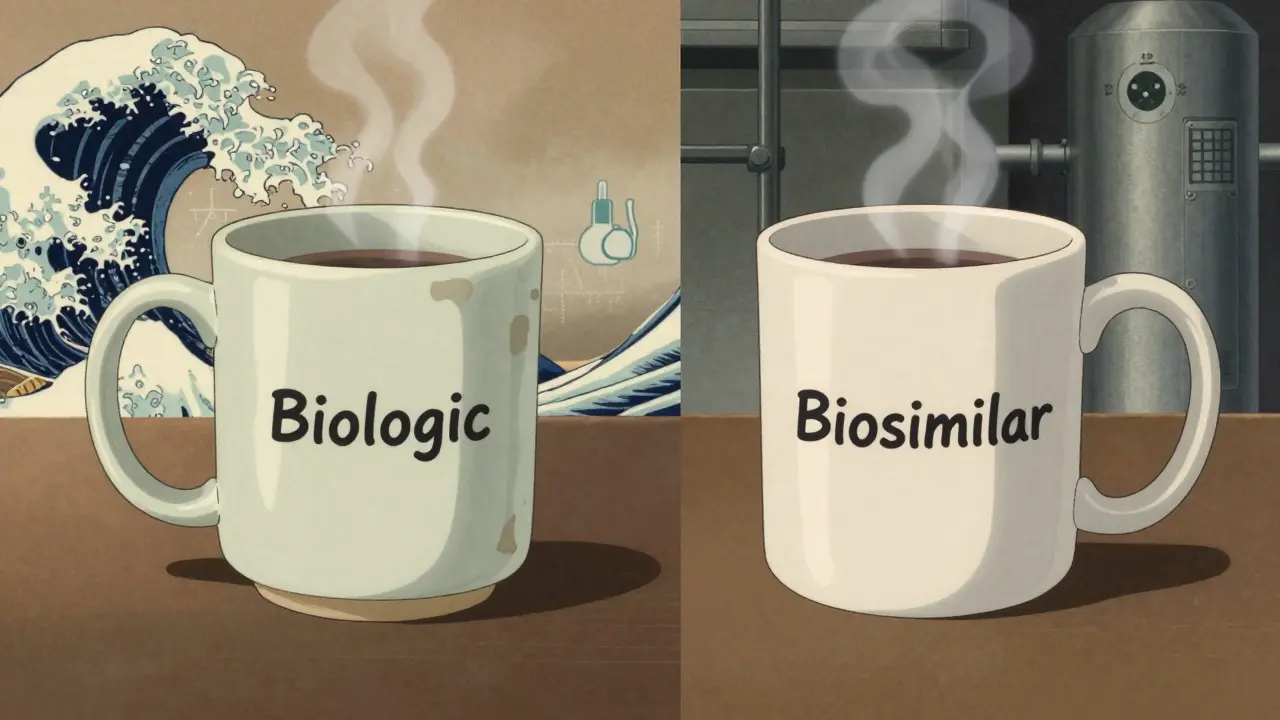 Side-by-side comparison of a handmade ceramic mug and a factory-made mug, both steaming, with traditional Japanese wave patterns.