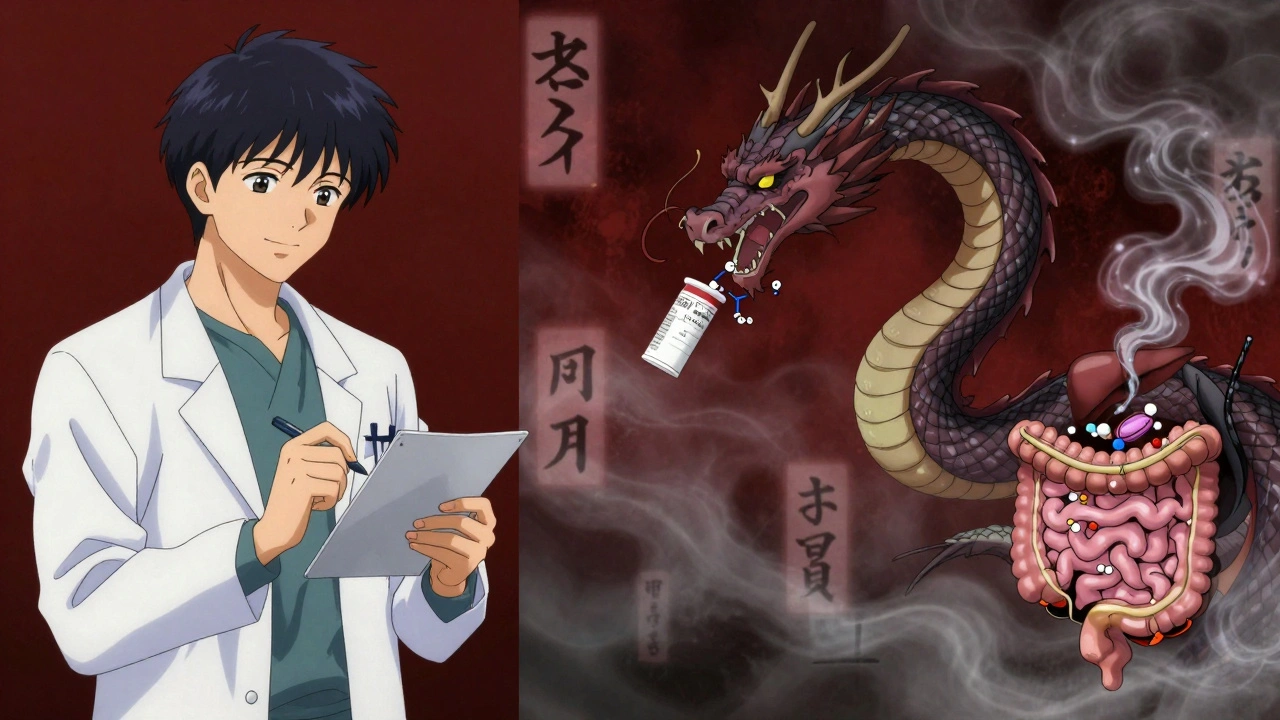 Split scene: doctor prescribing Bactrim vs. three dragons attacking liver, proteins, and gut bacteria with kanji danger signs.