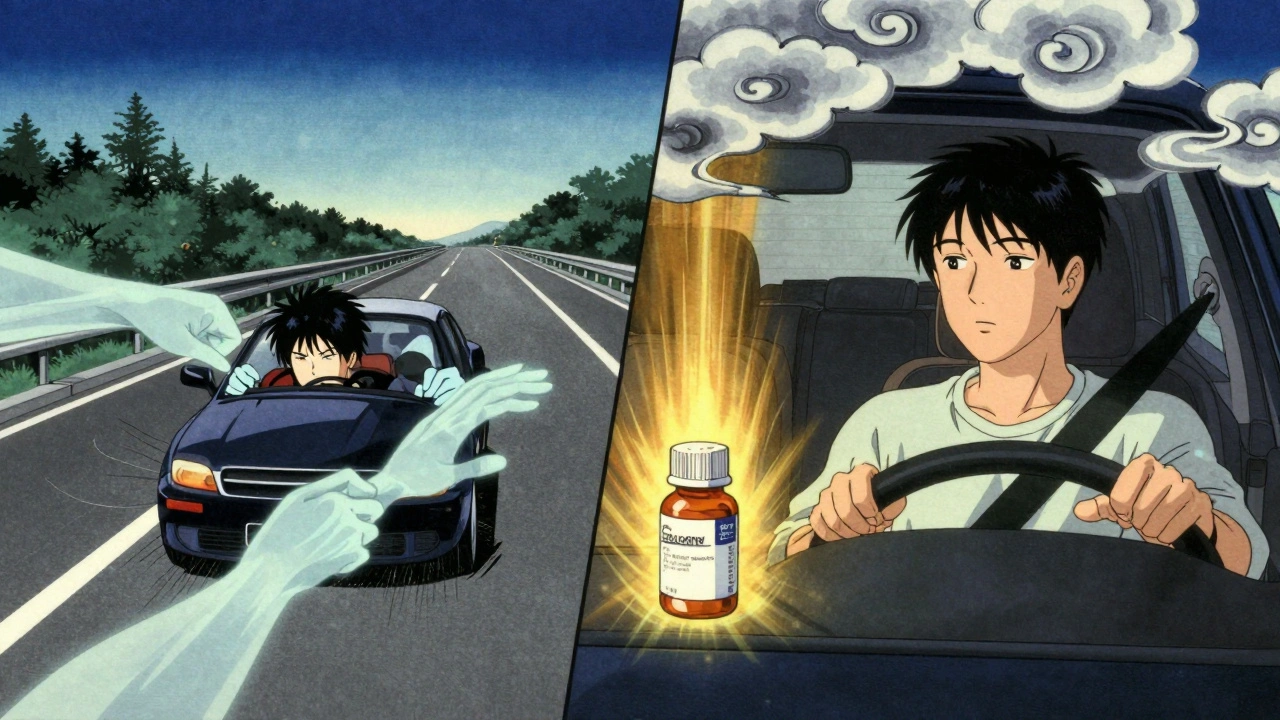 Split scene: one driver swerving dangerously, another driving calmly with safe medication visible.