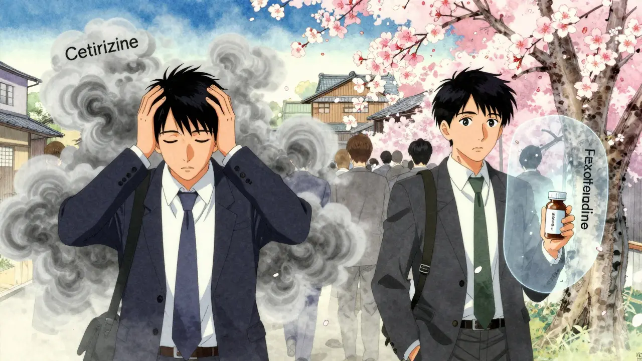 Two commuters in a city scene: one overwhelmed by drowsiness clouds, the other clear-headed with a fexofenadine pill, cherry blossoms falling.