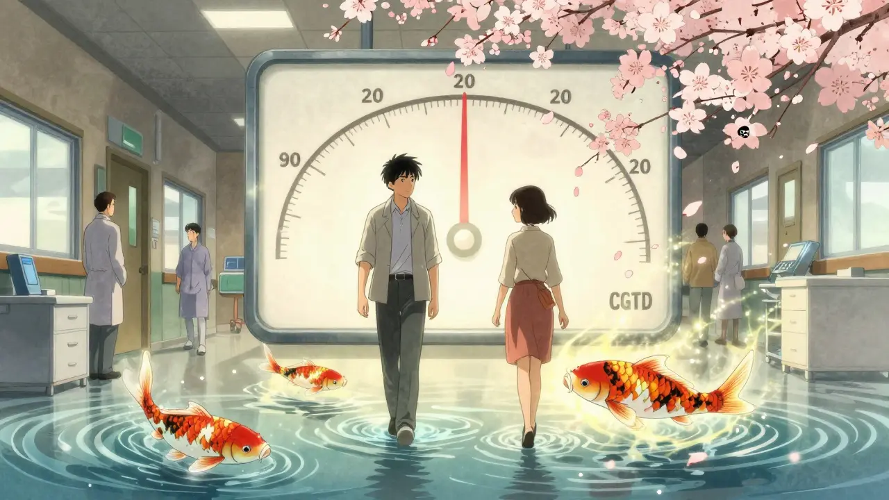 Two medicine figures walking beside a river of light with koi fish, representing continued SGLT2 inhibitor efficacy in advanced CKD.