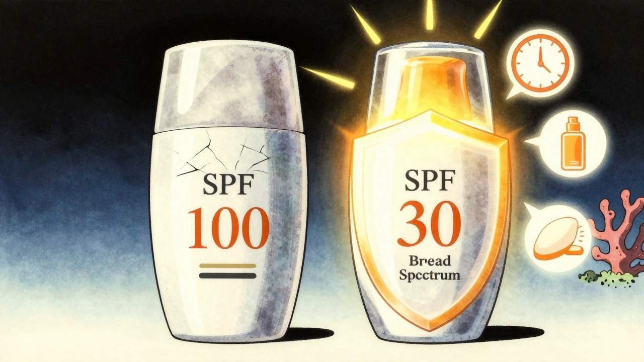 Two sunscreen bottles side by side: one with weak SPF 100 protection, the other strong SPF 30 broad spectrum shield.