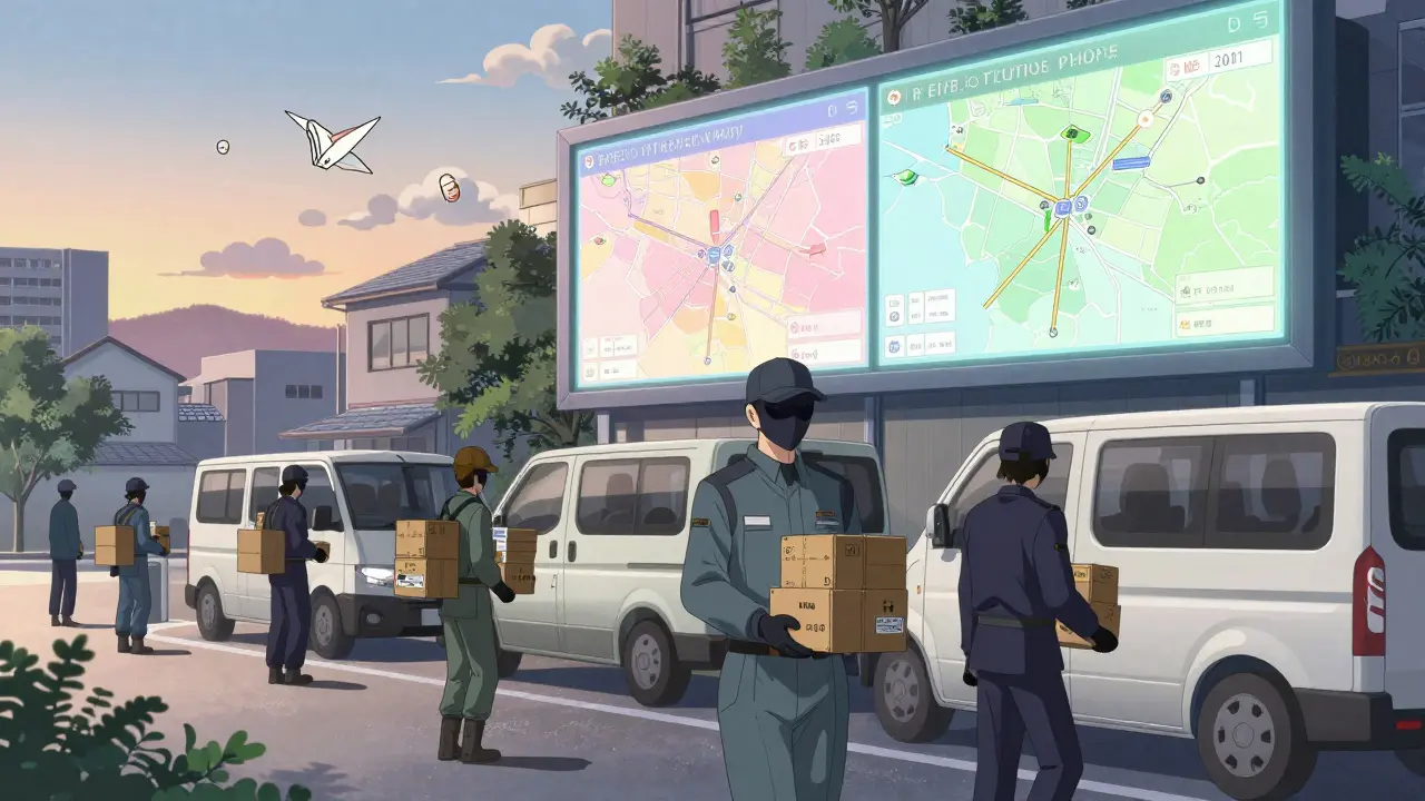 Urban pharmacy delivery hub at dawn with couriers loading medication boxes into electric vans.