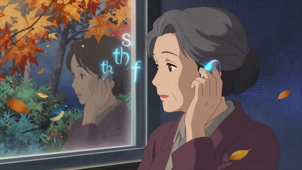 Woman wearing hearing aid, reflection shows younger self listening to birds.