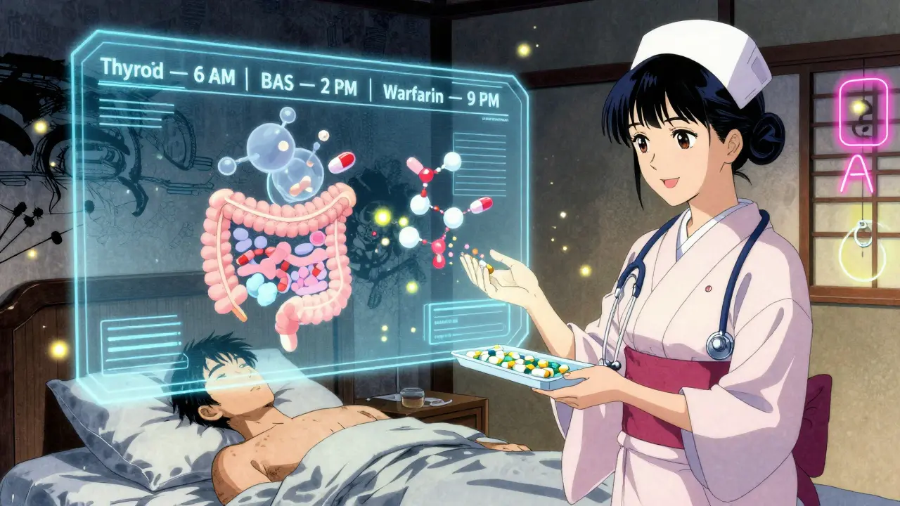 A futuristic AI timeline projected above a patient’s bed, showing medication schedule with holographic molecular separation.