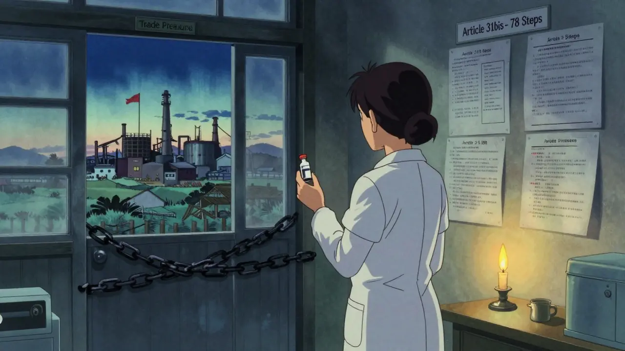 A health worker stares at complex legal documents while a distant factory produces generics, bound by chains of trade pressure.