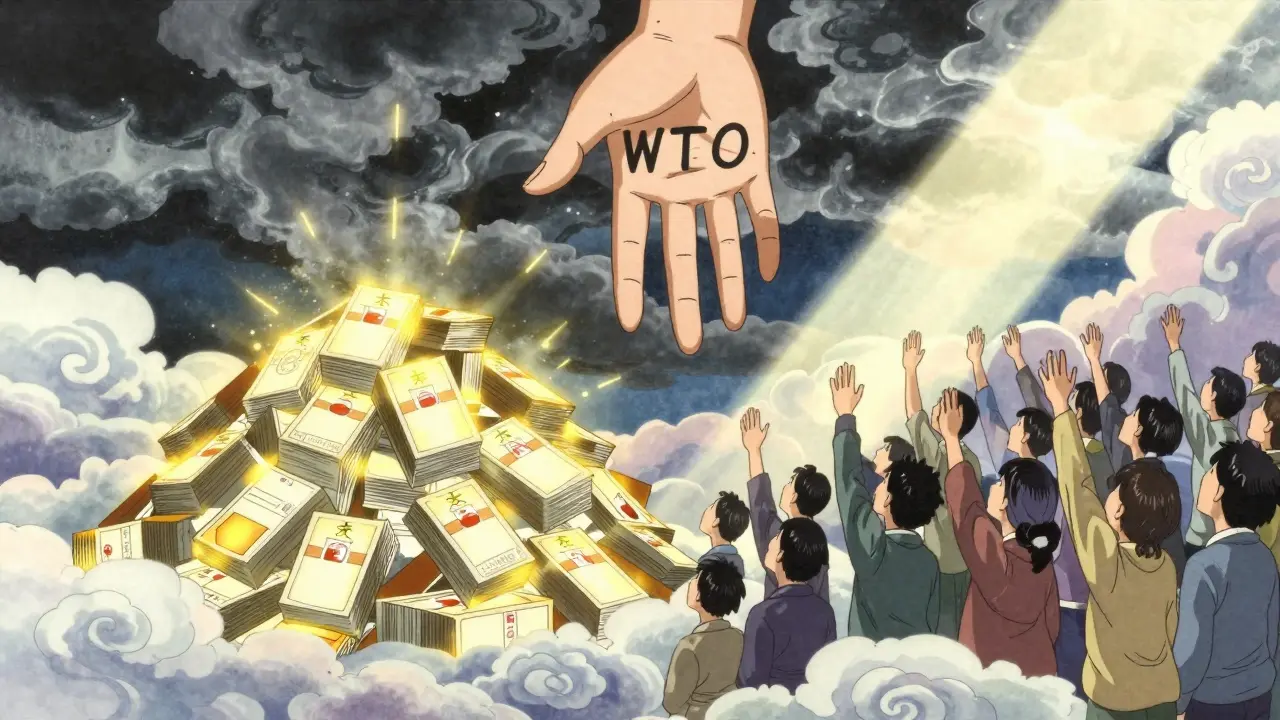 A massive scale weighs patents against human lives, with a hovering WTO hand above, sunlight breaking through the human side.