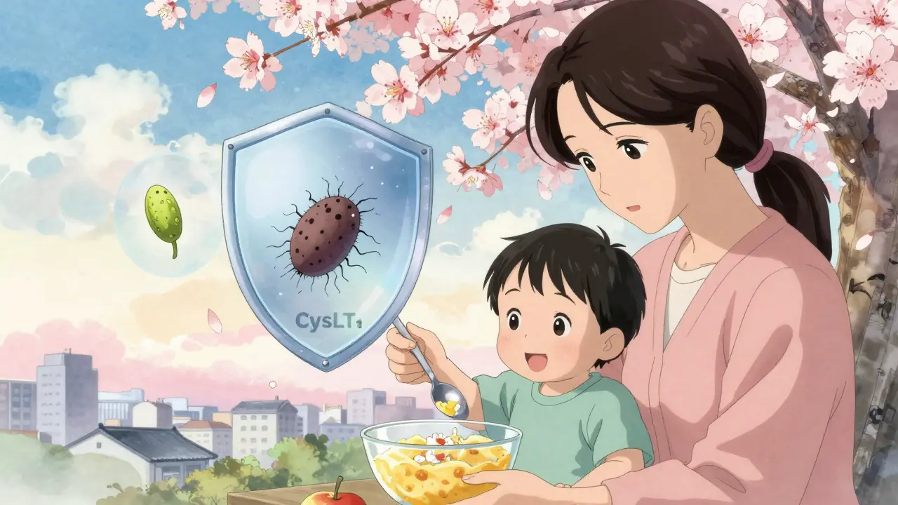 A mother mixes montelukast granules into applesauce for her toddler, with allergy triggers being blocked by a protective shield.