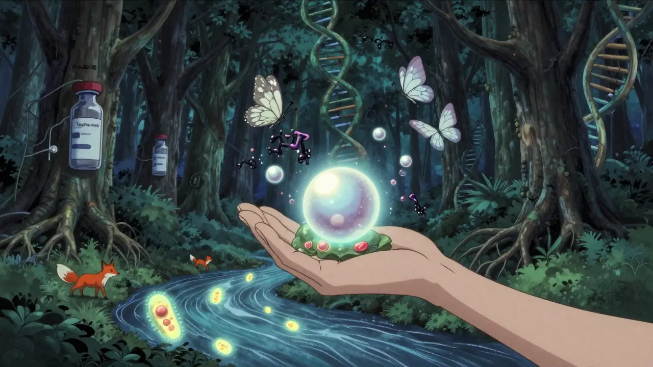 A mystical forest of insulin trees with a glowing islet transplant and immune-cell butterflies halting an autoimmune attack.