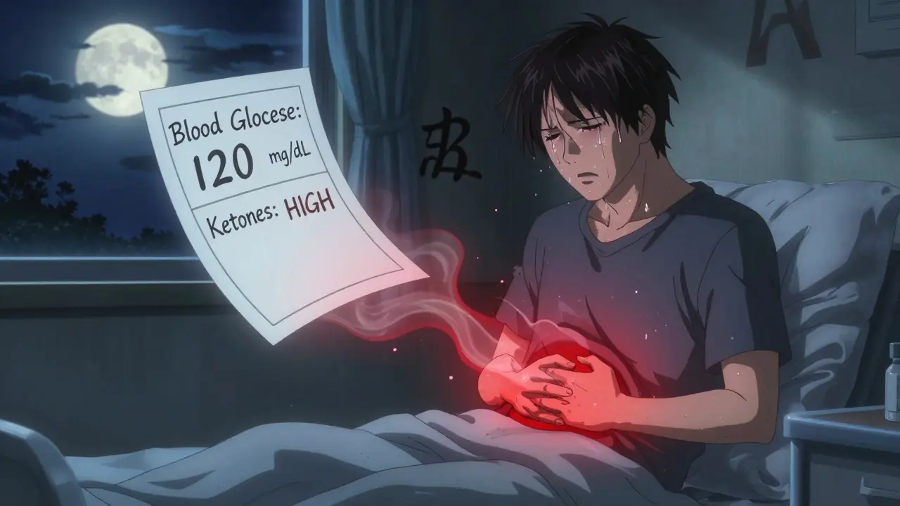 A patient in pain with ketone waves rising from their body, medical chart showing normal glucose but high ketones.