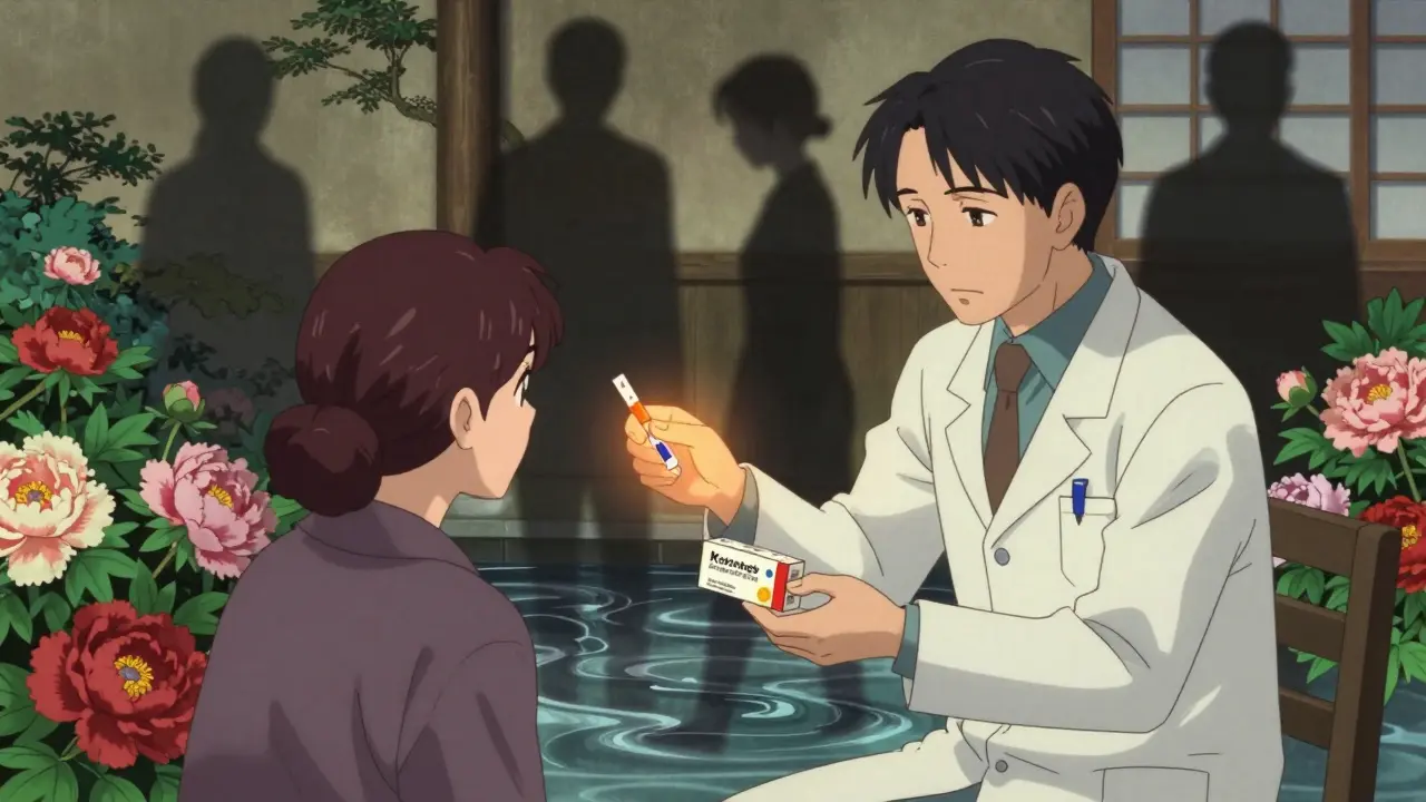 A pharmacist gives ketone test strips to a patient in a garden, symbolizing awareness and prevention.