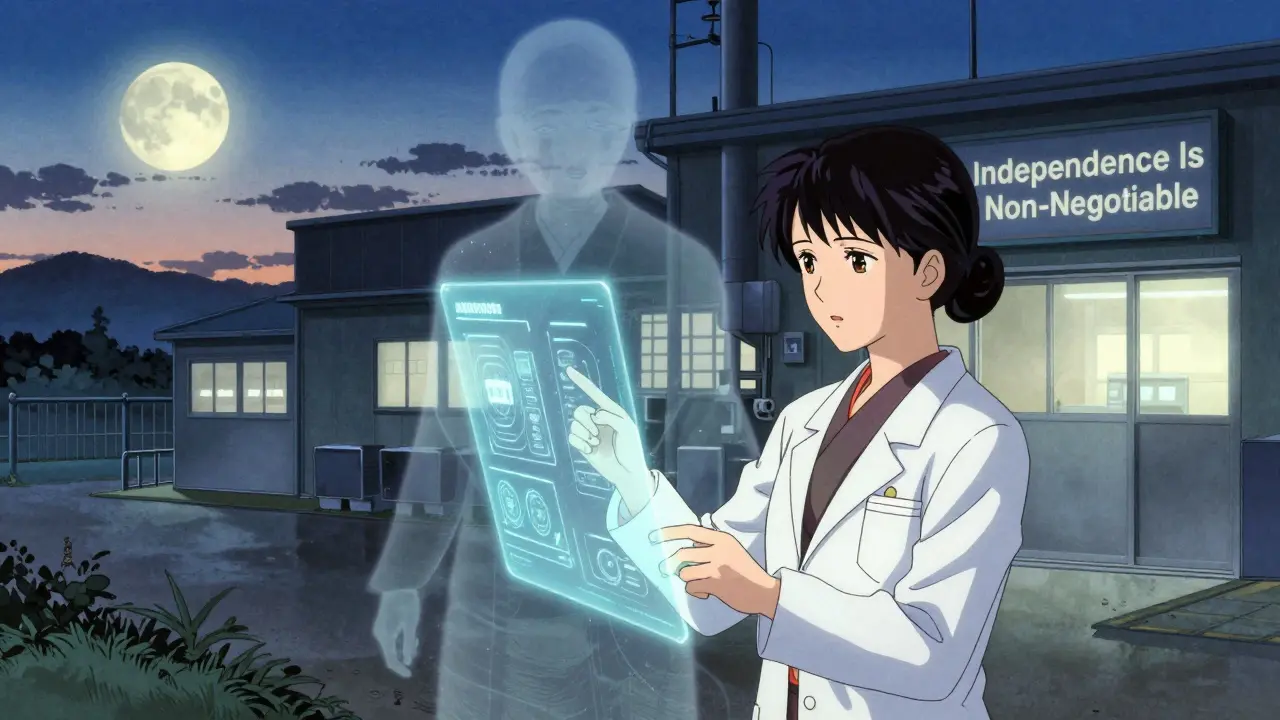 A QA specialist oversees an AI algorithm at dusk, a ghost of past failure fading behind her in ukiyo-e anime style.