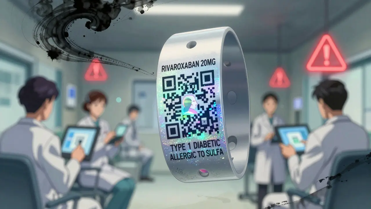 A QR code medical bracelet hovers with holographic medication details glowing above it in an emergency room setting.