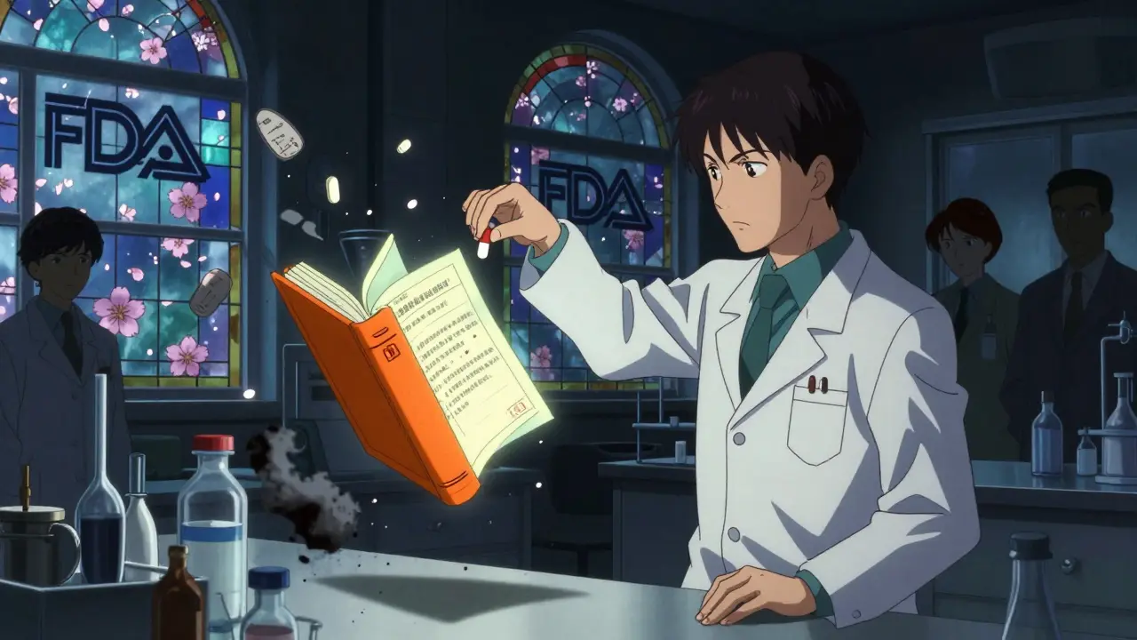 A scientist placing a pill into a glowing Orange Book as invalid patents crumble, with cherry blossoms and FDA-shaped windows in the background.