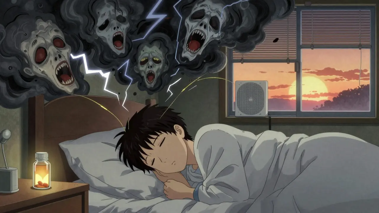 A teen experiences vivid nightmares while a montelukast pill glows nearby, with sunrise symbolizing environmental control.